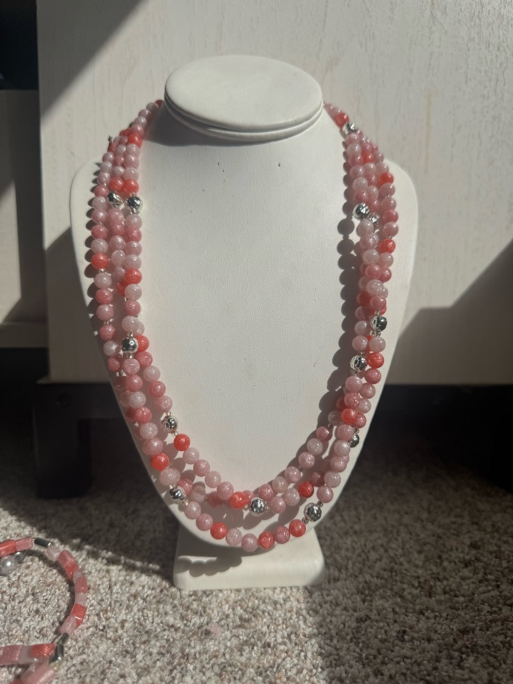 Handcrafted Pink Beaded Double-Strand Necklace with Silver Accents
